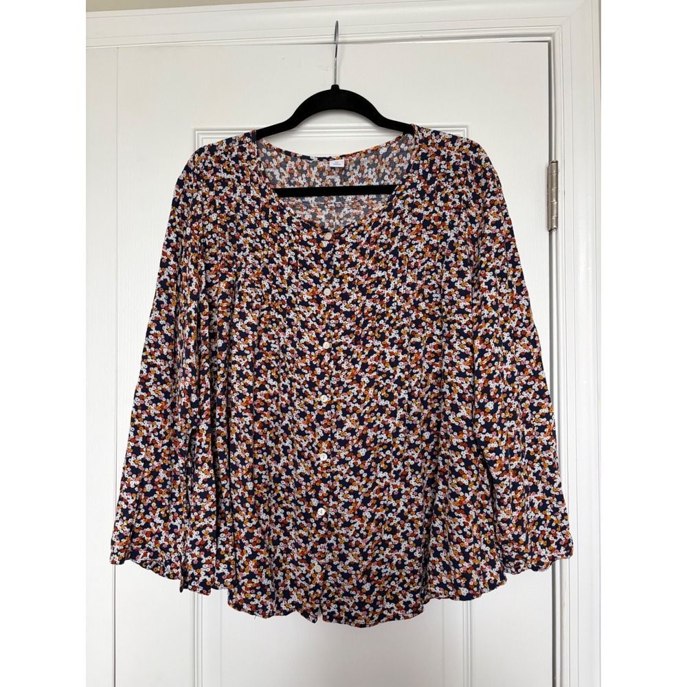 Old Navy XXL Floral Pintuck Button Front Blouse Navy Orange Long Sleeve Top